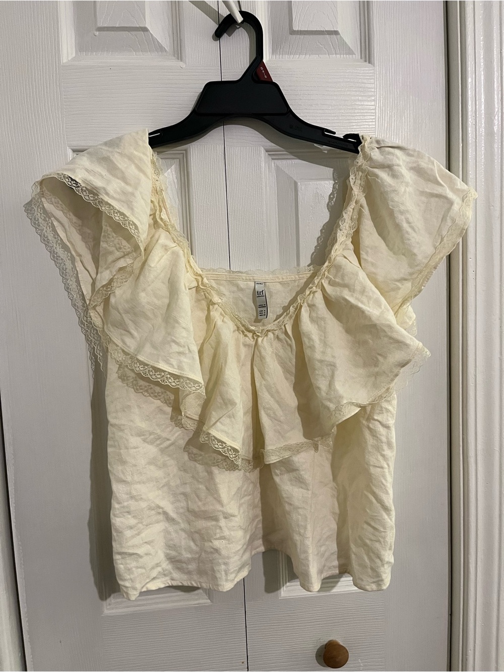 Zara brand new Cream linen blend Ruffle Lace-Trim Scoop Neck Top - Picture 2 of 5